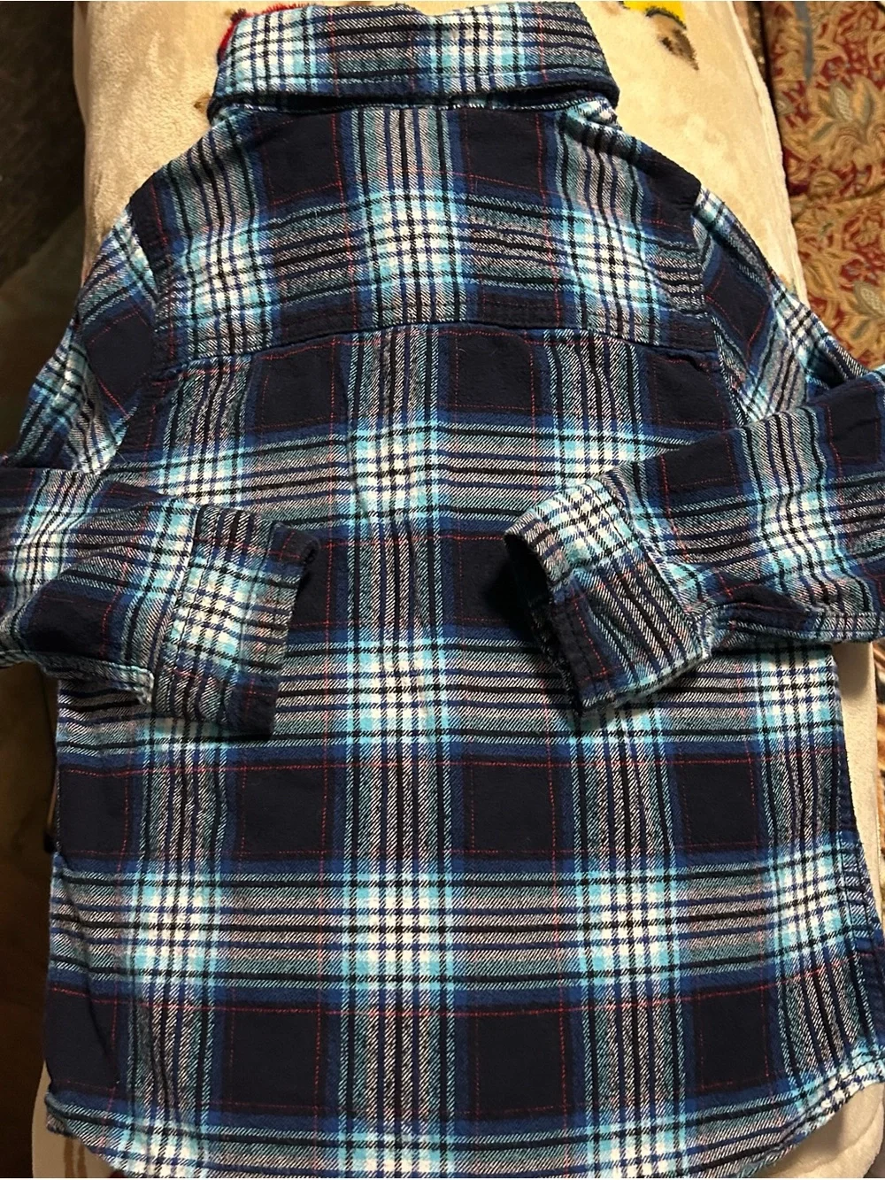 OshKosh B'gosh Boy’s Plaid Flannel Cabincore Navy and Red Button-Down Shirt Sz 7